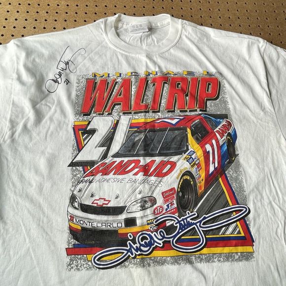 VTG Chase Michael Waltrip T-Shirt Mens XL White Autographed Huge Print USA Made - Picture 1 of 8
